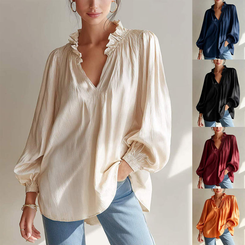 Casual Lantern Sleeve Long Sleeve V-Neck Ruffle Shirt