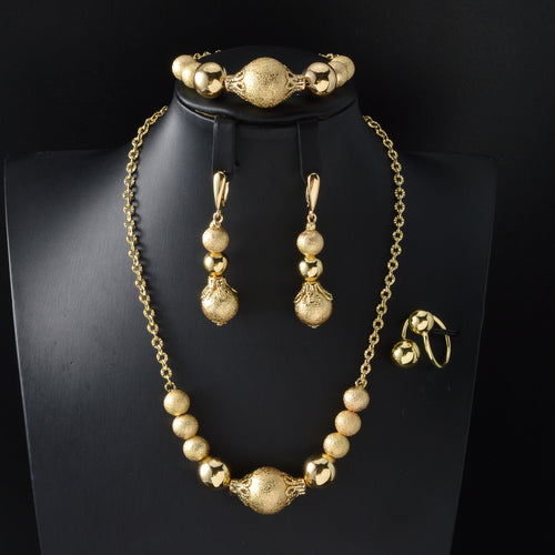 Africa Ethnic Style Gold Plated Jewelry 4-Piece Set Frosted Gold Bead Necklace Bracelet Set Earrings Ring Banquet Wedding Set