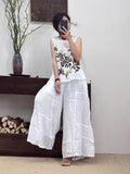 Women's Summer Artistic Retro Ramie Embroidered Loose Straight Leg Wide Leg Pants + T - Tank