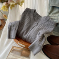 Women's Fall-Winter Retro Embroidered Knit Long Sleeve Crew Neck Sweater + Cardigan + - White