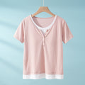 women's fake two-piece pajamas with breast pads, bra-free summer short-sleeved round neck pure cotto