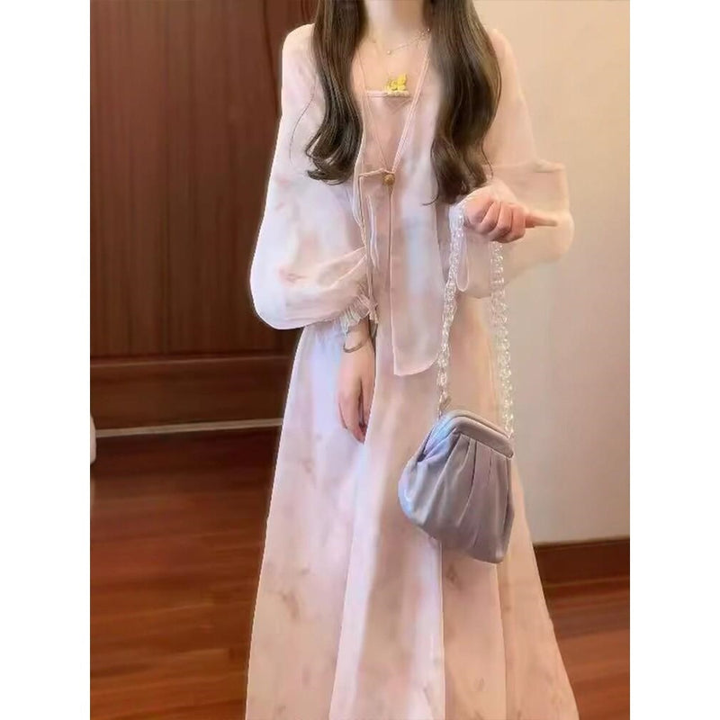 Women's New Chinese Fashion Frog Button Floral Qipao Dress + Skirt + Cardigan + Tank - As Pictured