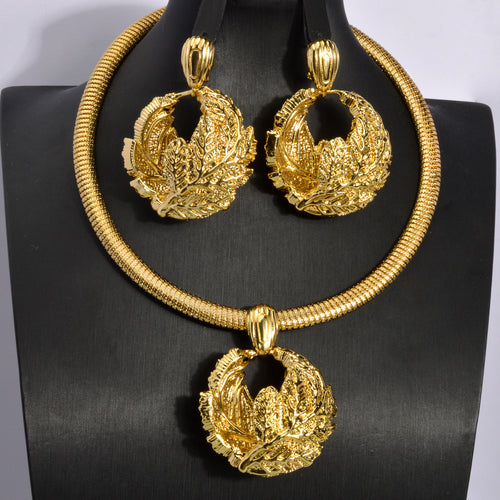 Copper Gold Plated Overseas Retro Round Leaves Stud Earring Necklace Set Unique Niche Design Minimal Earrings Women