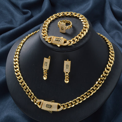 Western Miami Hip-Hop Cuban Chain Set Cubic Zirconia Spring Buckle Necklace Bracelet Set Earrings Ring Set Trendy Accessory