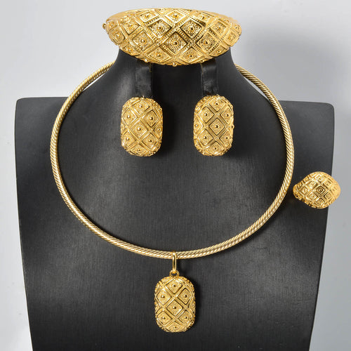 Overseas Fashionable Dubai Bride Square Piece 18K Gold Plated Set Necklace Bangle Earrings Ring Middle East Women