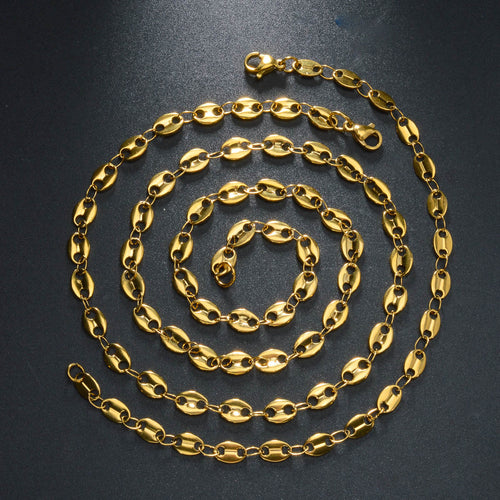 Western Necklace Set Stainless Plated 18K Gold Cutout Details Coffee Bean Chain Retro Hip-Hop Niche Personality Jewelry