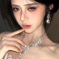 Banquet Luxury ~ Super Sparkle Rhinestone Geometric Flower Stud Earring Necklace Set Women Clavicle Chain Light Luxury Premium Necklace