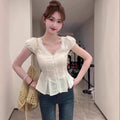 Summer Korean French Lace Short Sleeve V-Neck Lace Trim Fitted Shirt