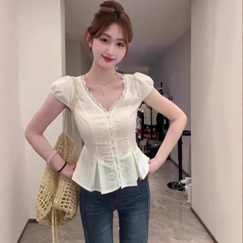 Summer Korean French Lace Short Sleeve V-Neck Lace Trim Fitted Shirt