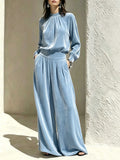 Fall-Winter Casual Slimming Velvet Pleated Wide Leg Pants + Top 2-Piece Set