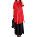 Summer Artistic Plus Size Cotton Short Sleeve Loose Mid-Length Long Wide Leg Pants + Shirt Set