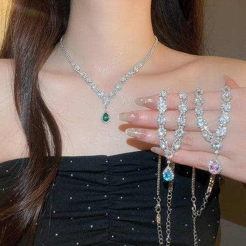 Padparadscha Rose Gem Teardrop Necklace Light Luxury Niche Choker Artistic Banquet Luxury Jewelry Set Women