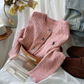 Women's Fall-Winter Retro Embroidered Knit Long Sleeve Crew Neck Sweater + Cardigan + - White