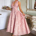 Retro Embossed Floral Pattern V-Neck Sleeveless Swing Dress
