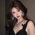 Silver Heavy-Duty v Type Full Diamond Fringe Necklace Earrings Set Clasp Design Elegant Drop Evening Gown Accessory Item