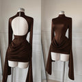 In Stock 2026 Fall Mock Neck Long Sleeve Backless Pleated Mini Dress