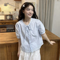 Summer Korean Petite Short Sleeve Tie-Front Patchwork Lace Trim Shirt