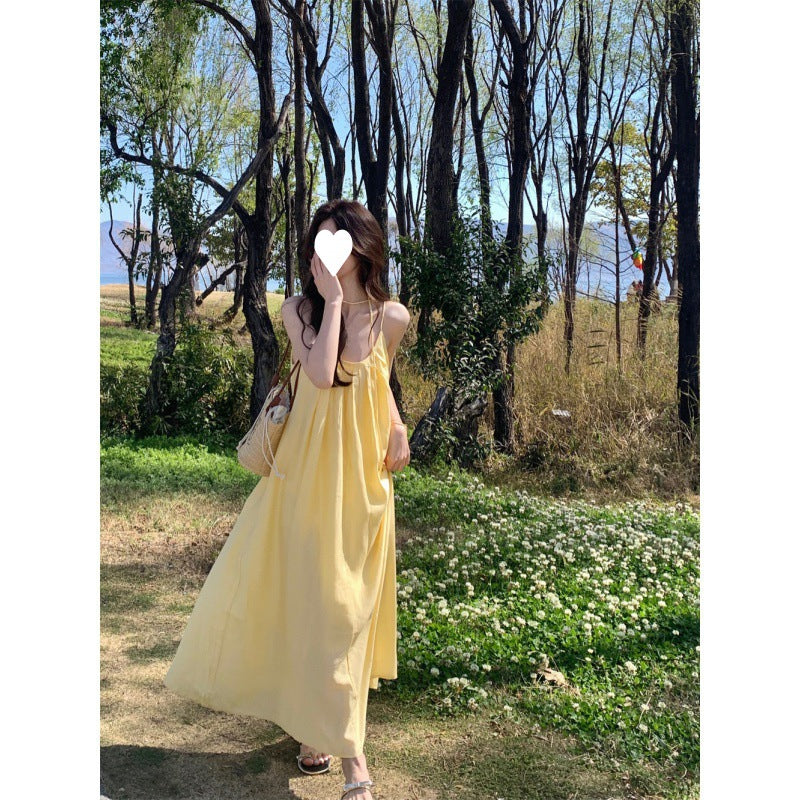 French Yellow Camisole Loose A-Line Long Dress