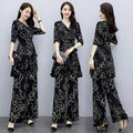 Summer Fashion Elegant Plus Size Chiffon Waist-Tie Loose Wide Leg Pants 2-Piece Set