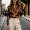 Office Elegant Satin Long Sleeve V-Neck Shirt