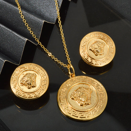Retro Imperial Breeze Portrait Round Brand Pendant Necklace Earrings Set 2-Piece Set Overseas Clavicle Chain Simple Versatile Accessory
