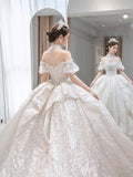 Off-Shoulder Luxury Wedding Gown - French Style Petite Bridal Dress with Train