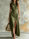 Minimalist Sleeveless Belted Slit Long Dress, Vacation Style