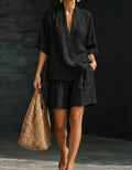 Summer Old Money Relaxed Linen Short Sleeve V-Neck Loose Wide Leg Pants + Top 2-Piece Set