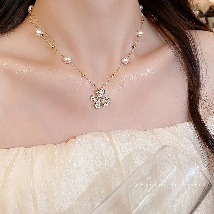 18K Gold-Plated Zircon Flower and Pearl Necklace - view 3