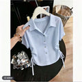 Summer Korean Elegant Short Sleeve Lapel Collar Drawstring Waist-Tie Shirt