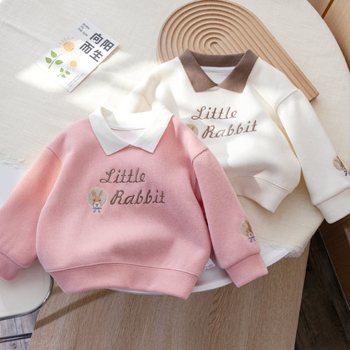 Girls' Rabbit Embroidery Long Sleeve Pullover - Fall