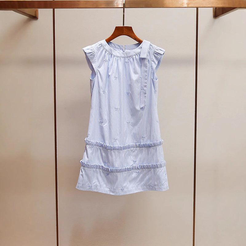 Blue Flutter Sleeve Embroidered Bow Dress, High-End Summer New