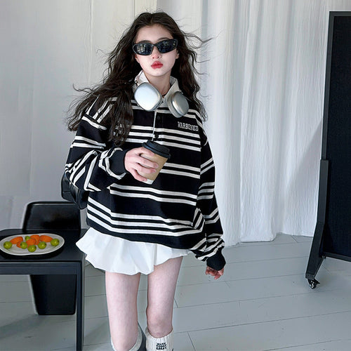 Girls' Striped Lapel Hoodie & Skirt Set
