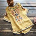 Women's Summer Ethnic Artistic Plus Size Linen Cotton Embroidered Short Sleeve Loose