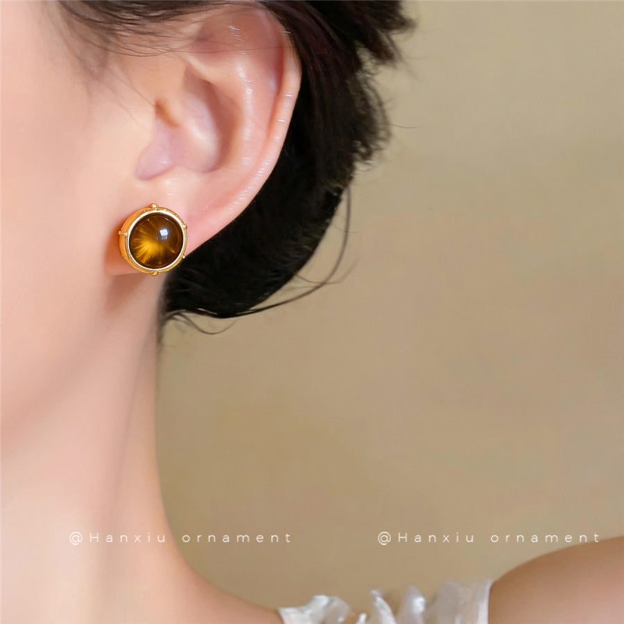 Vintage Tiger's Eye Round Stud Earrings - view 3