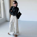 Girls' Short Leather Jacket Cargo Pants Two-Piece Set