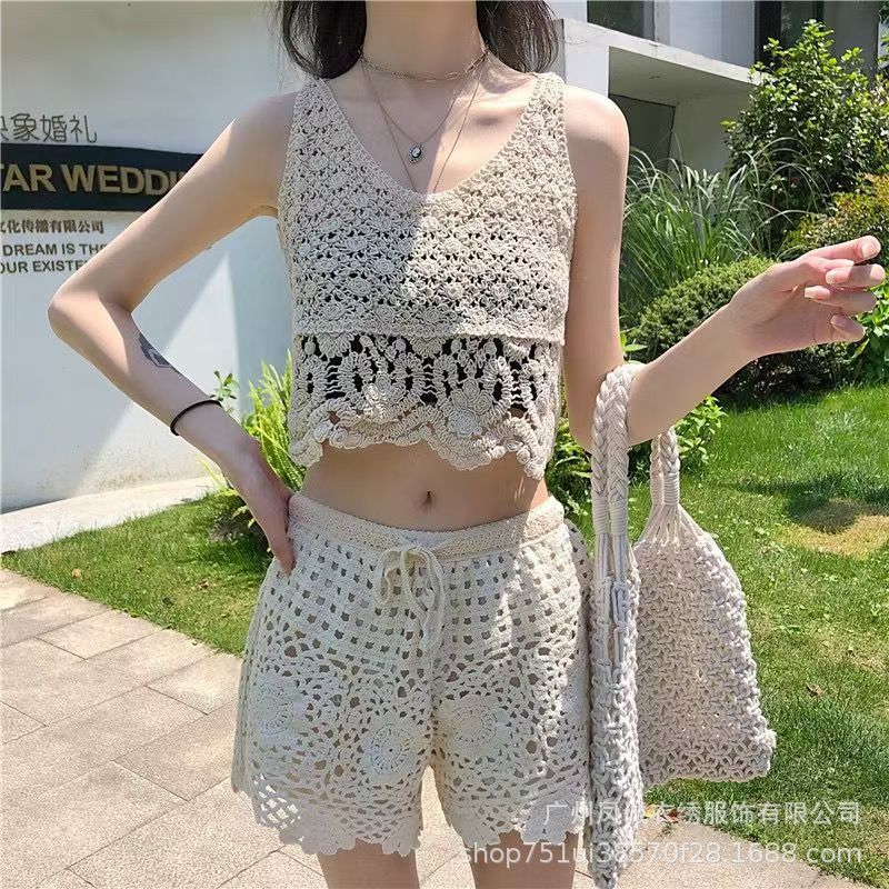 Women's Summer Bohemian Ethnic Lace Crochet Hollow-Out Crochet Camisole + Shorts 2-Pi - White