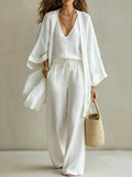 Summer Plus Size V-Neck Drawstring Wide Leg Cardigan + Pants 3-Piece Set