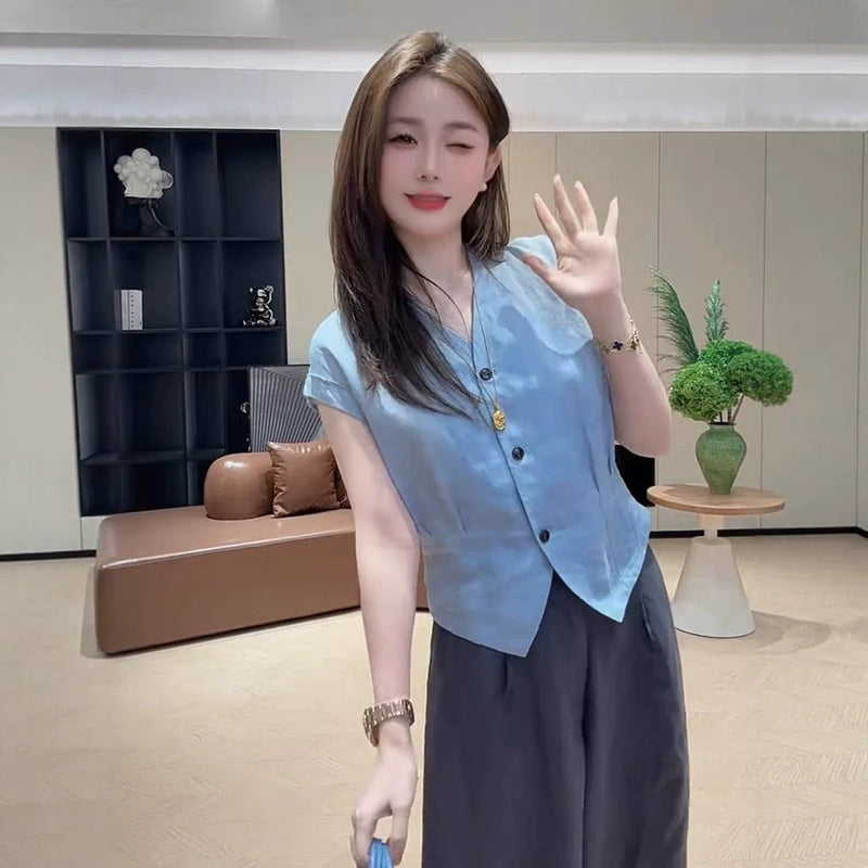 Summer Waist-Tie Pleated Shirt