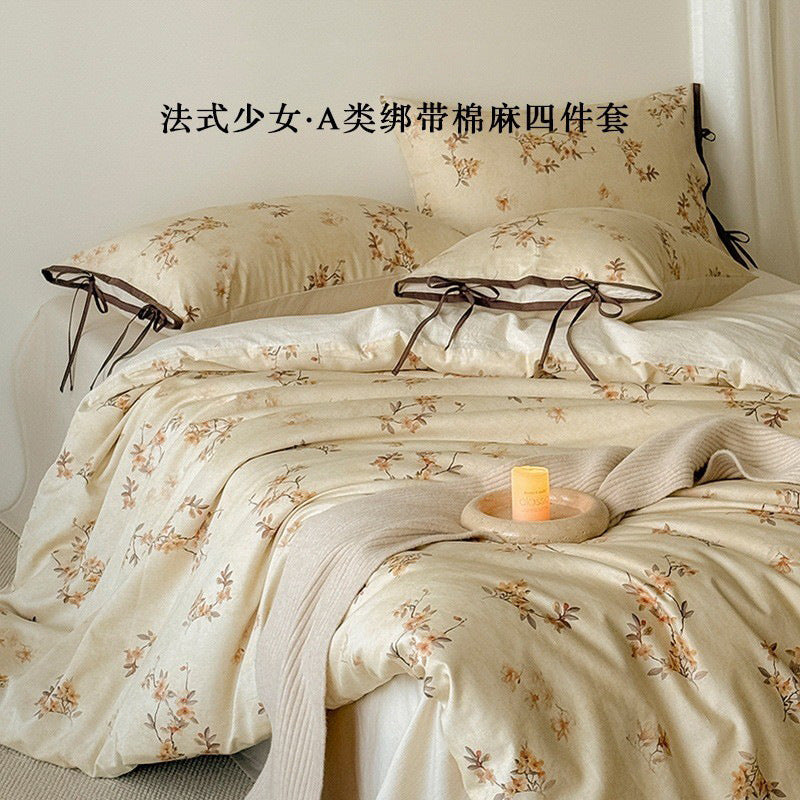 Begonia Magnolia Vintage Cotton-Linen 4-Piece Bedding Set - view 2