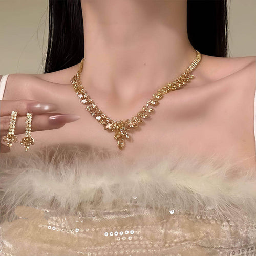 Gem Branch Super Sparkle Champagne Cubic Zirconia Necklace Retro Premium Clavicle Chain Set Design Detail Niche