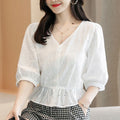 Summer Petite Embroidered Cotton Half Sleeve V-Neck Hollow-Out Cropped Shirt