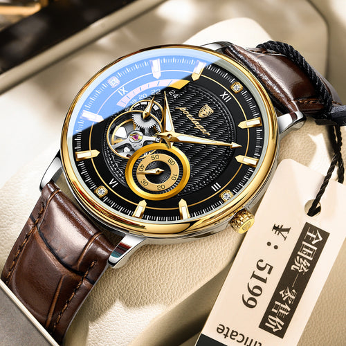POEDAGAR Self-Winding Mechanical Watch New Waterproof Glow Belt Mens Watch Live Export Bestseller Watch