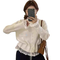Women's Spring Korean Lace Crew Neck Tie-Front Waist-Tie Lace Trim Knit Top + Cardiga - As Pictured