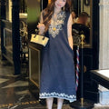 Sleeveless Heavy Embroidery V-Neck Mid-Length Ethnic Dress