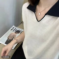 Women's Summer Elegant Unique Short Sleeve Lapel Collar Color-Block Knit Top 2026 - Off-White