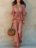 Summer Casual Fashion Short Sleeve V-Neck Tie-Front Ruffle Shirt Set