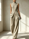Fashion Elegant Sleeveless Drapey Shirt + Pants Set