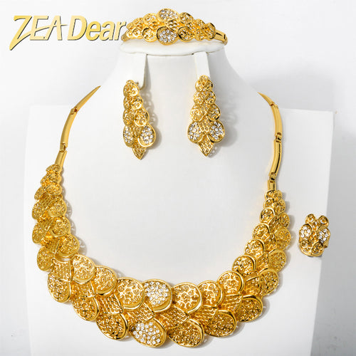 Overseas Brass Gold Plated Pendant K Scale Fortune Fish Scale Form Necklace Earrings Set Cutout Carve Engrave Gold Jewelry Women Set