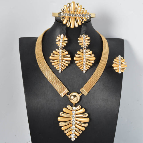 Imperial Breeze Versatile Ancient Craft Plated Set Inlay Crystal Necklace Bracelet Set Earrings Ring Set Vintage Leaves Retro Accessory
